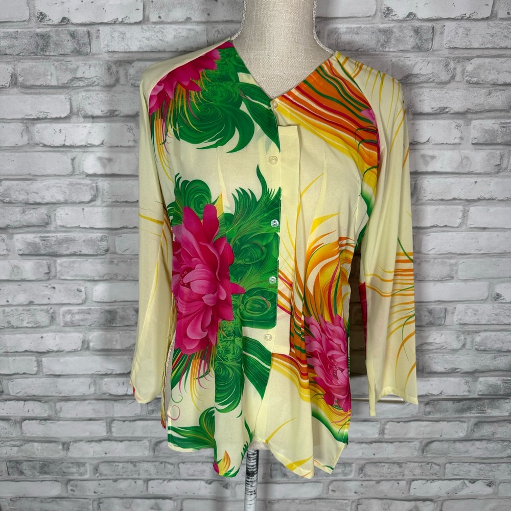 Vintage Floral Yellow Pink Green Sheer Button Blouse Top